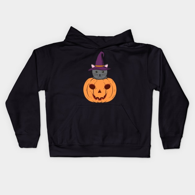Halloween Cute Cat With Witch Hat Stuck In A Pumpkin Head. Kids Hoodie by Candaria